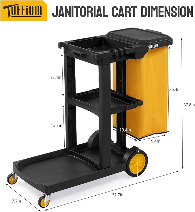 TUFFIOM Commercial Traditional Cleaning 3-Shelf Janitorial Cart, 500 Lbs Capacity Housekeeping Cart, Wheeled with Yellow VinylBag and Cover w Lid, Black,