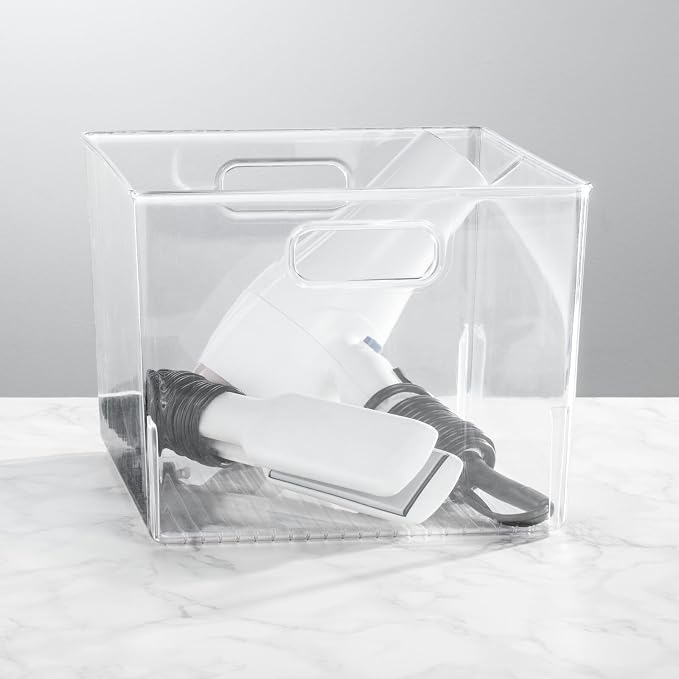 mDesign Large Modern Stackable Plastic Storage Organizer Bin Basket with Handles for Bathroom Vanity Organization - Shelf, Cubby, Cabinet, or Closet Organizing Decor - Ligne Collection, 8 Pack - Clear