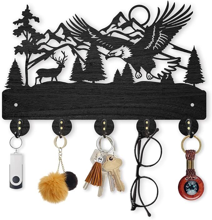 MAYJOYDIY Eagle Deer Forest Coat Hooks Wall Mounted 11.8×7.9inch Black Wooden Eagle Key Holder for Wall 5 Alloy Hooks Wall Art Decor Deer Hangers for Towel Key Kitchen Bedroom Entryway Gifts