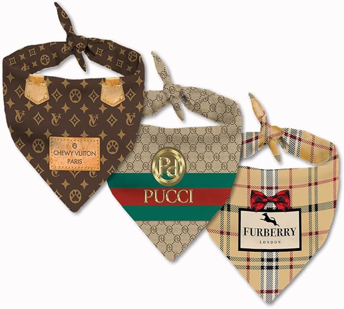 3 Bandana Value Pack, Dog Bandana Designer Fashion Clothes Scarf kercheif for Small Dogs. Funny Parody Gift for Girl or boy Dog Soft Durable Fabric, Chewy Vuiton, Pucci, and Furry Plaid - (3 Pack)