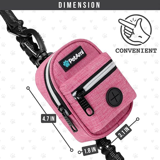 PetAmi Dog Poop Bag Holder for Leash, Waste Bag Dispenser Pet Pouch, Pink | Doggy Puppy Walking Accessories Travel Camping, Dog Treat Pouch Supplies Must Have, Doggie Poo, Jogging, Walks
