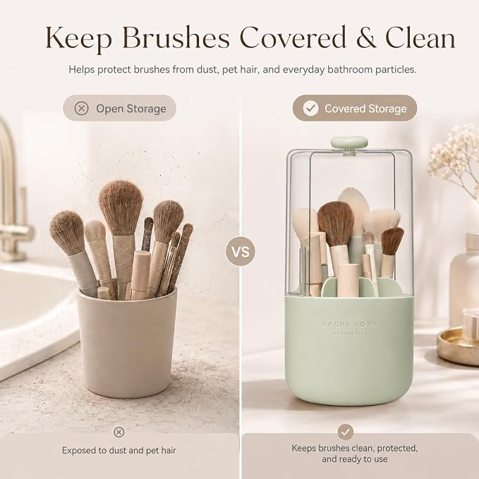 EACHY Makeup Brush Holder with Lid, Rotating Makeup Brush Organizer, Green | Dustproof Lid, 7 Compartments, Waterproof Plastic, Vanity Makeup Organizer for Brushes