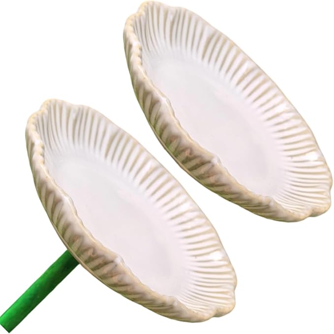 Ceramic Bird Bath Set of 2 with Fluted Bowl Stake, B | Decorative Glazed Water Basin for Patio Garden Balcony Display