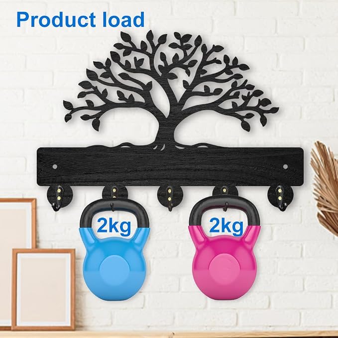 MAYJOYDIY Tree of Life Coat Rack Wall Mount 11.8×7.9inch Lush Tree Key Holder for Wall Decorative Wood Black Key Rack Hanger 5 Alloy Hooks for Wall Art Decor Entryway Front Door Gift