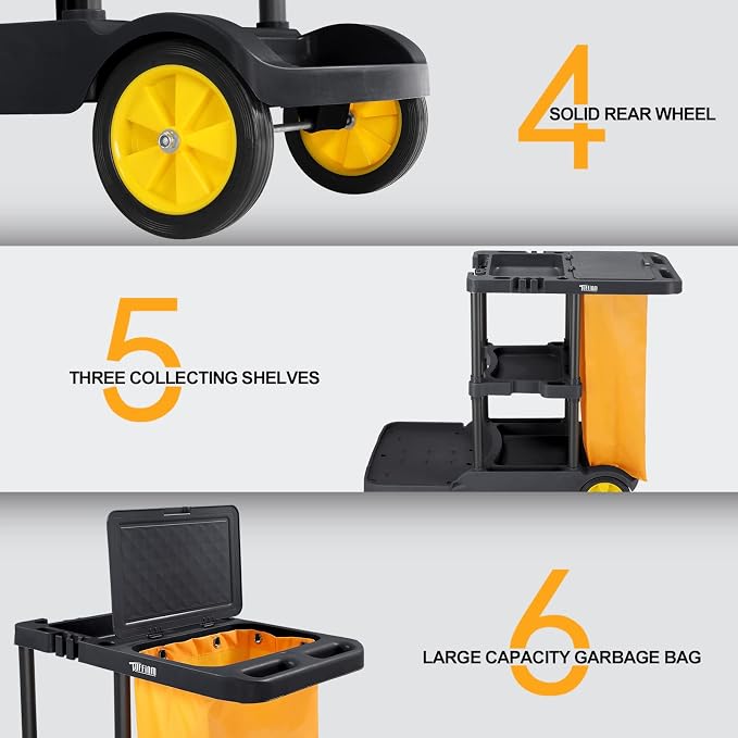 TUFFIOM Extra Large Commercial Traditional Cleaning Janitorial 3-Shelf Cart, 500 Lbs Capacity Housekeeping Cart, 42.5" L x 18.7" W x 37.6" H, Wheeled with 22 Gallon Yellow VinylBag Cover w Lid, Black
