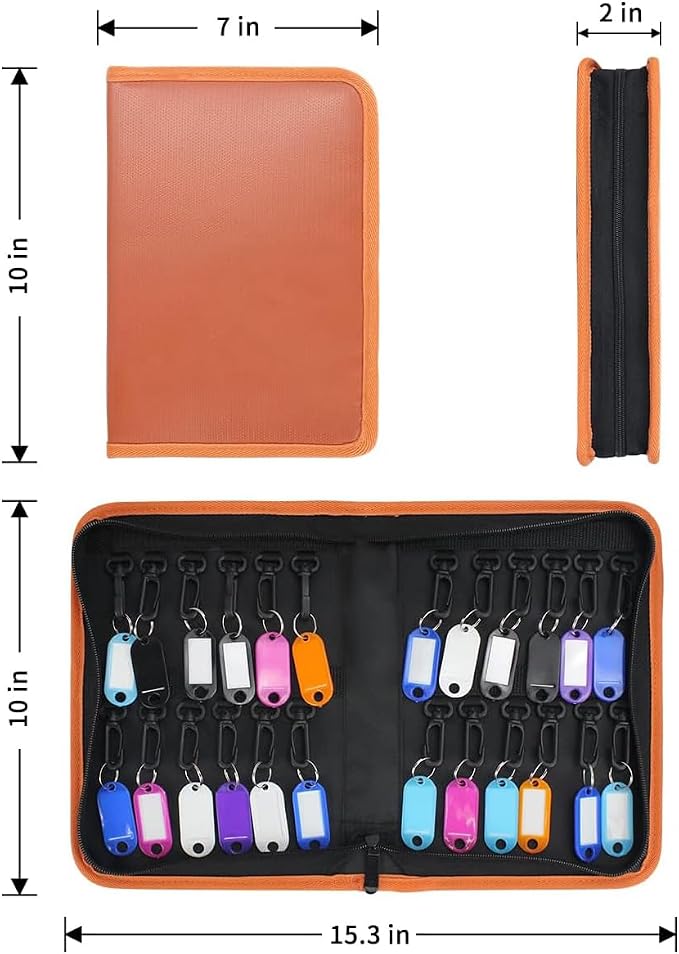 Sdstone Portable Zippered Key Organizer,Fireproof and Waterproof Key Case with 24 Key Hooks,Portable Manager & Landlord Zipper Key Binder for Real Estate Sales,Hotel Executives, Car Service(Brown)
