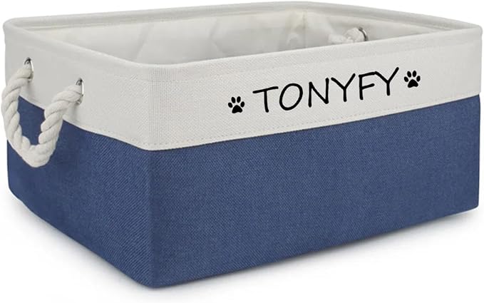Pet Toy Storage Box Dog Toy Organizer Basket Personalized Large Capacity Collapsible Bin Two-Tone Linen Chest with Sturdy Handles for Living Room Pet Supplies Organizing (White Blue L)