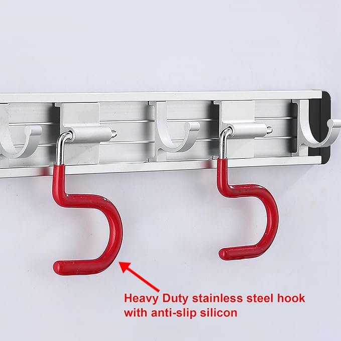 Wall Mounted Mop and Broom Holder Stainless Steel S Type Broom Rack Anti-Slip Mop Organizer (34Inches,8 Positions 6 Hooks, Red White)