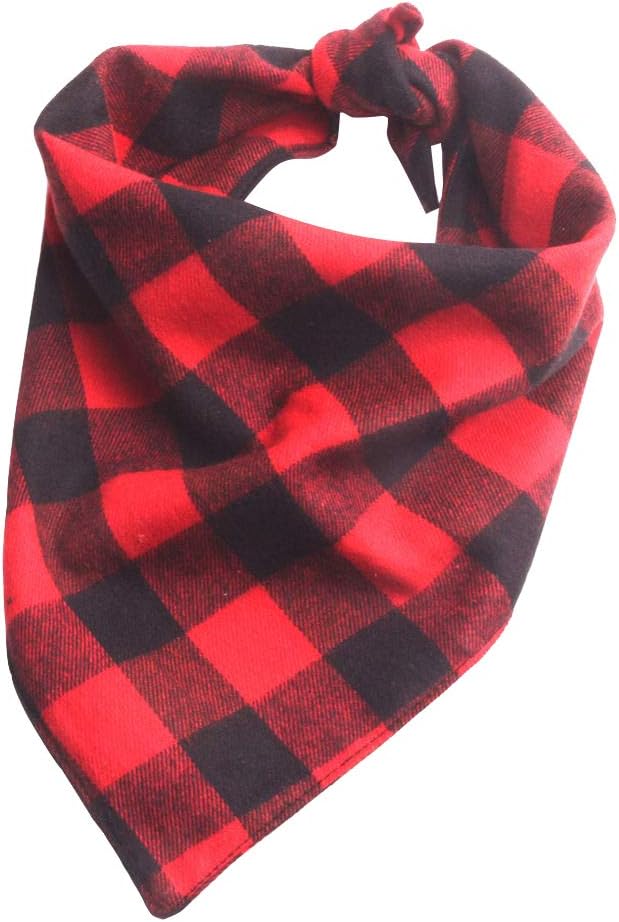 YAKA Pet Dog Bandana Triangle Bibs Scarf, Double-Cotton Plaid Printing Kerchief Set Accessories for Small and Medium Dog (Small/Neck Circumference suitable8.6-15inch, Red and Black lattices)