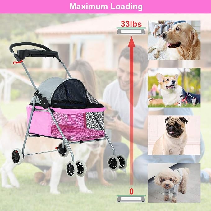HGS Pet Cat Dog Stroller 4 Wheels Jogger Puppy Travel Carrier Portable Doggie Cage Strolling Cart with Cup Holders, 35Lbs Capacity Folding Waterproof Strolling Cart for Medium Dogs Cats Pet, Pink