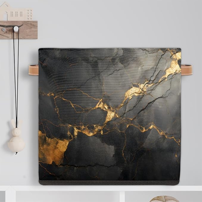 Black Gold Marble Cube Storage Bin, 13 Inch Collapsible Fabric Storage Cube Bin, Foldable Cube Baskets for Shelf, Closet, Organizer