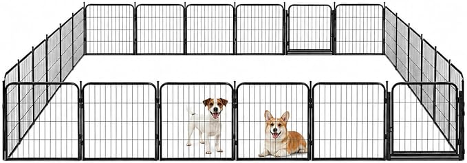 Dog Play Pen for Indoor Use - 24'', 24 Panels for Small and Puppy Size Dogs - Metal Heavy Duty Pet Fence with Anti-Slip Feet - Portable Black Playpen Kennel for House or Garage
