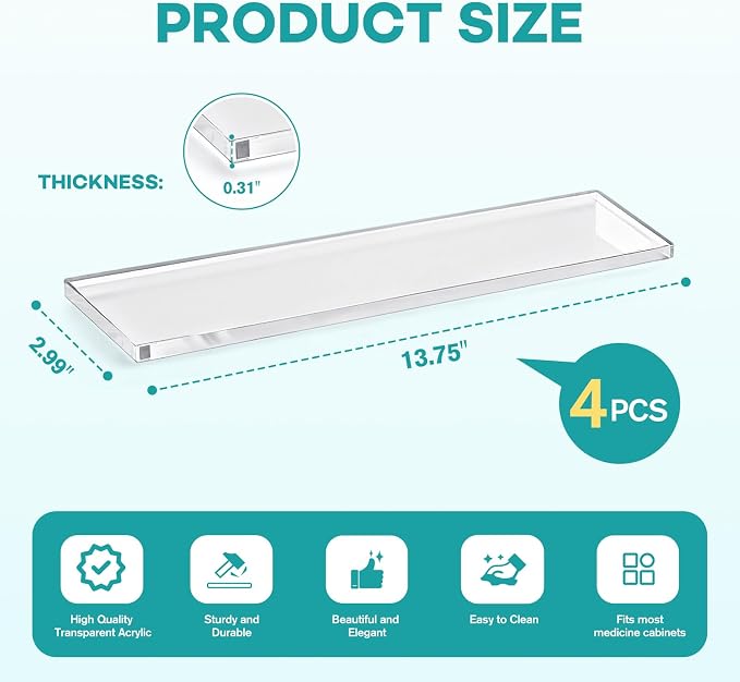 LILXIU 4 PCS 13.75 Inch Medicine Cabinet Shelves Acrylic Medicine Cabinet Shelf Replacement for Living Room Bathroom Kitchen Wall Mounted and Hanging Cabinets