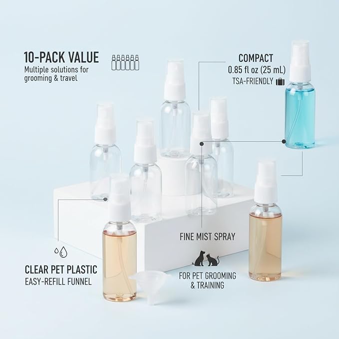 10-Pack Clear Mini Spray Bottles, 0.85 oz PET Plastic Travel Misters with Funnel for Toiletries and Household Use