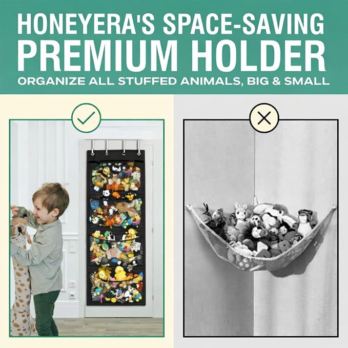 Honeyera The Original Stuffed Animal Storage (Patented) - Over Door Organizer for Stuffies, Toy Plush/Hammock Baby Hanging Storage Net Big Girls Toddler Large Bag Animals (Black)