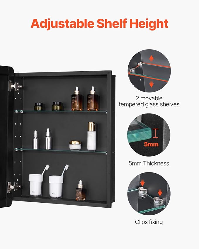 VEVOR Medicine Cabinet, 24 x 30 inch, Medicine Cabinet for Bathroom with Mirror, Aluminum Frame Bathroom Wall Cabinet, 2-Layer Adjustable Shelves, Recessed & Wall-Mounted Installation
