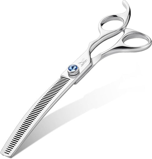 JASON 7" Curved Dog Scissors - Ergonomic Grooming Scissors, Silver, 440C Stainless Steel, Professional Pet Shears (50-Teeth) Christmas Gift