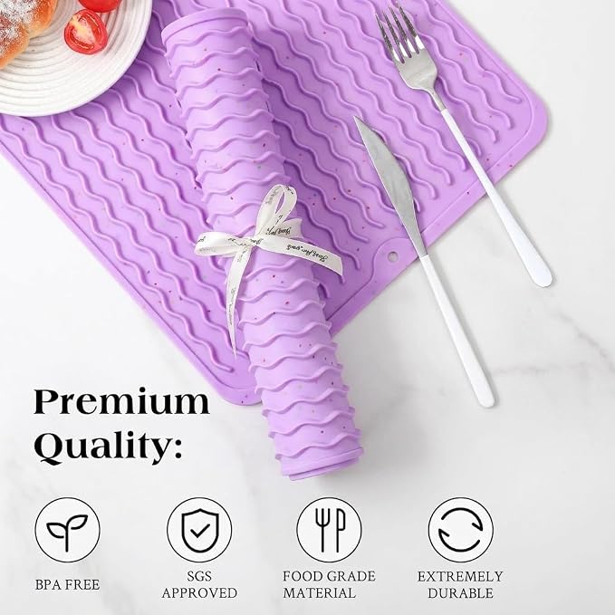 CAKETIME 2 Pack Multicolor Silicone Dish Drying Mat for Kitchen Counter Waterproof Place mats Stove Top Organizer Cooking Appliance Trays Dryer Rack Drainers Items Extra Large 24"*18" Purple
