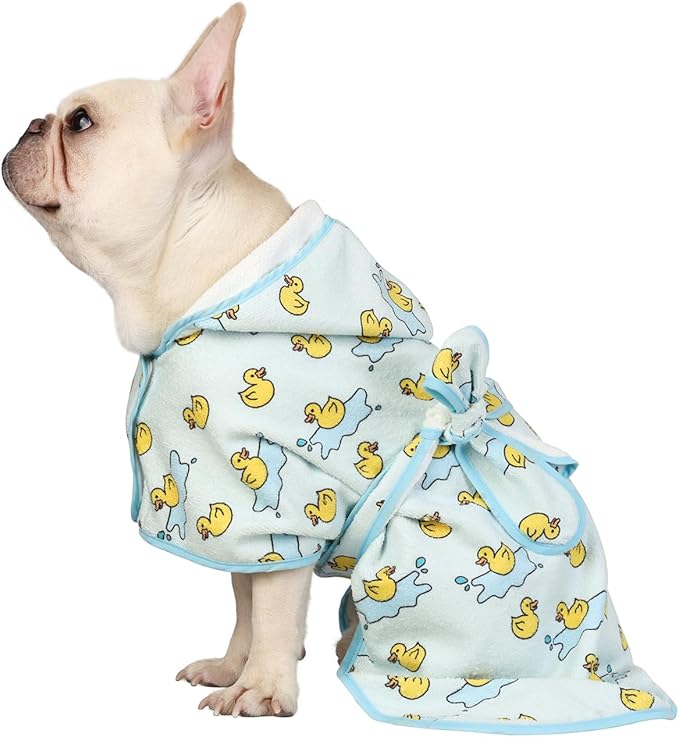 HDE Dog Bathrobe Super Absorbent Quick Drying Puppy Towel Wrap Coat Adjustable After Bath Robes with Hood for Dog Sizes S-XXL Rubber Duck Puddles S