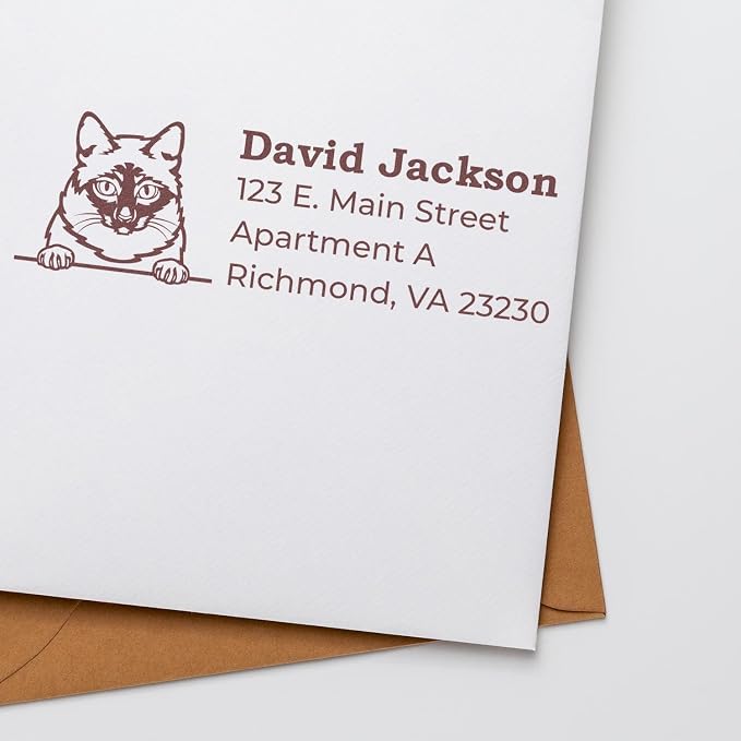 Peeking Mekong Bobtail Cat Wood Handle Address Stamp - Personalized Stamp | Return Address Stamp for Mekong Bobtail Cat Lovers. Envelope Stamp for Cat Lovers Custom Made. 4 lines of custom text.