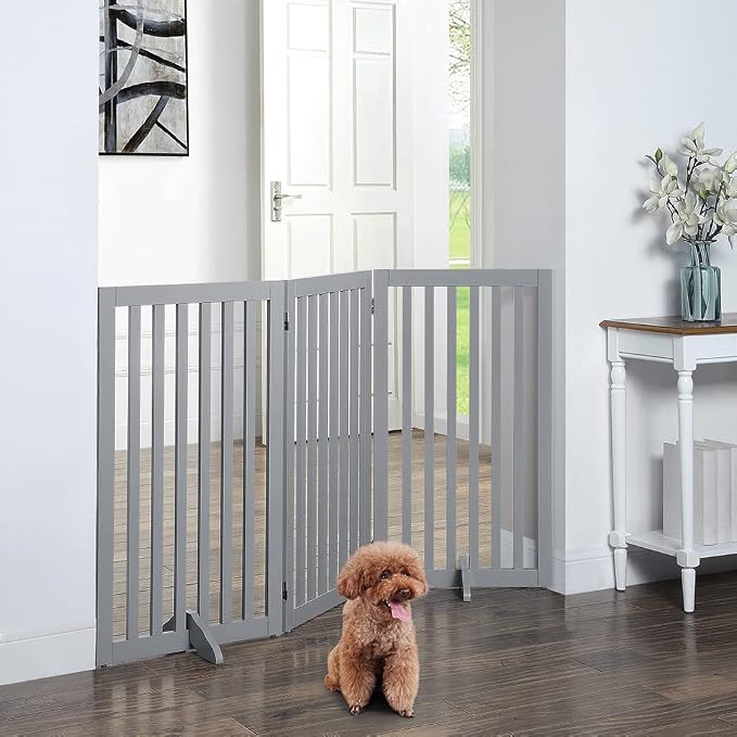 unipaws 36”H Free Standing Pet Gate for Dog Cat, 60”Wide Wooden Dog Gates | Foldable Pet Fence for Doorway, Stairs, Step, Expandable Doggy Barrier, Indoor Use