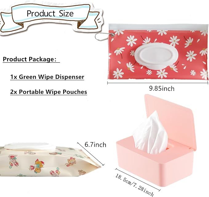 Wipes Dispenser Set,1 Wipe Box & 2 Portable Pouches,Pink | Refillable Reusable Large Wet Wipe Holder, Flushable Wipes Case Bathroom Wipes Container for Pet Nursery Kitchen Office