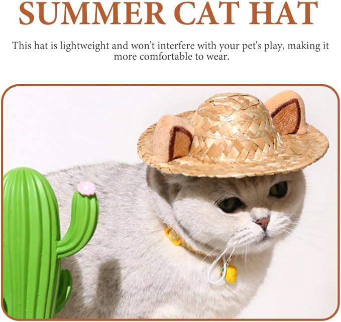 Cat Ear Straw Hat Decorative Pet Headwear for Birthday Parties | Khaki, S 13cm Size, Safe Comfortable Fit, Adorable Holiday Accent