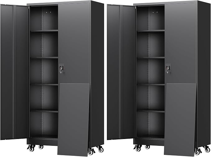 Metal Garage Storage Cabinet with Locking Doors and Adjustable Shelves,- 75" Rolling Steel Tool Cabinet for Home Office,Garage,Warehouse (Pack of 2)