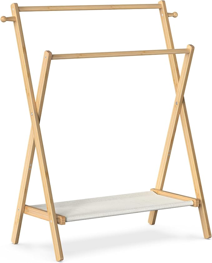 BAMBOOHOMIE Kids Clothing Rack, Small Clothes Rack for Toddler Pets, Kids Dress Up Rack with Storage Shelf & Double Rods, Foldable Kids Clothes Rack for Nursery Child's Room (Regular Size)