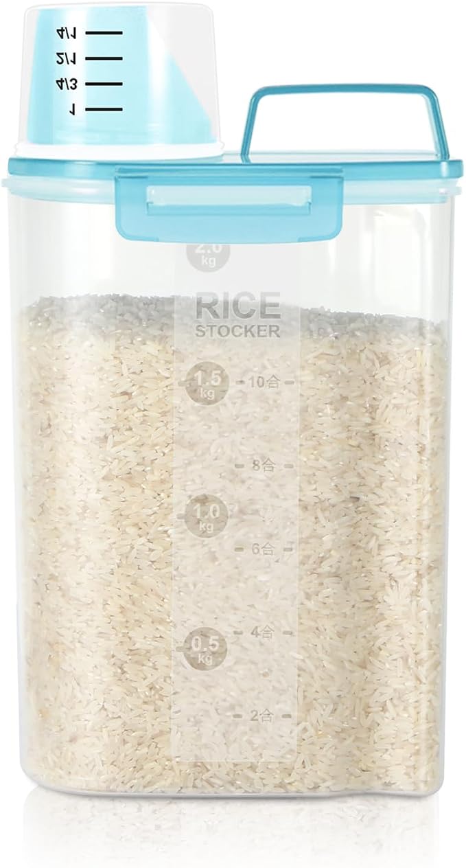 LEAWALK Airtight 4 LBS Rice/Cereal/Dry Food Storage Container BPA Free, 2.11Qt Clear Plastic Kitchen and Pantry Organization Bin Suitable for Oats, Flour, Sugar, Pasta, Pet Food, etc (Clear Blue)