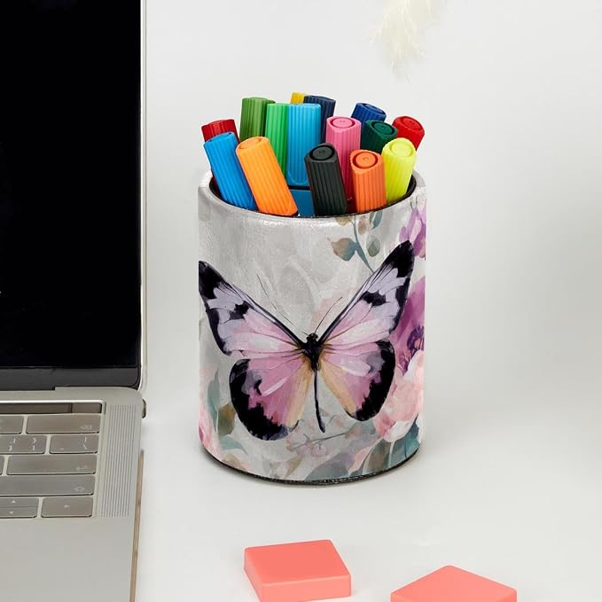 Faux Leather Pen Holder for Desk, Pencil Organizer Butterfly Pen Cup Desk Decor Makeup Brush Holder Storage for Office Home