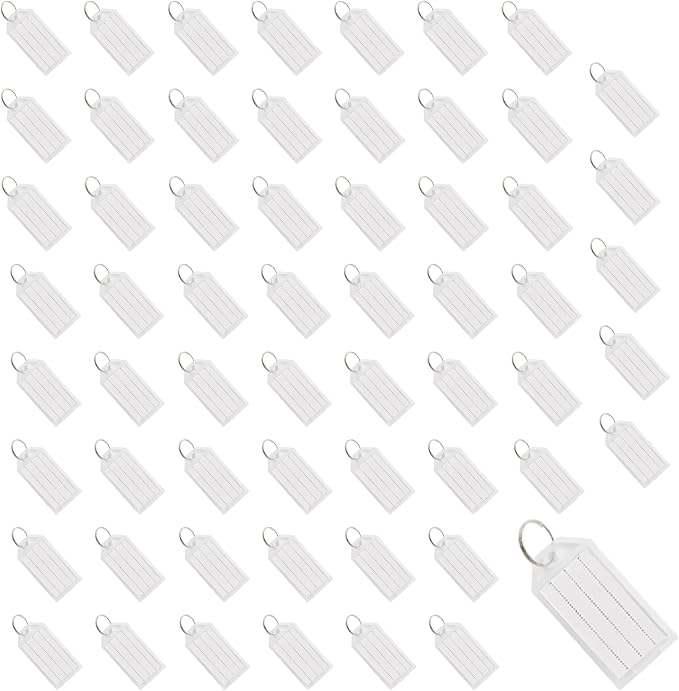 60pcs 2inch Keys Tags,Reusable Key Identifiers Blank Labels with Split Ring,Transparent Plastic Key Organizer for Name Luggage Pets Bags Home Office(White)