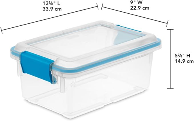 Sterilite Gasket Storage Box with Lids for Home & Office, 7.5 Quart, 6-Pack | Heavy-Duty, Stackable, and Organizing Containers for Bathroom, Cabinet, Closet, and Garage, Clear and Blue Aquarium Latches