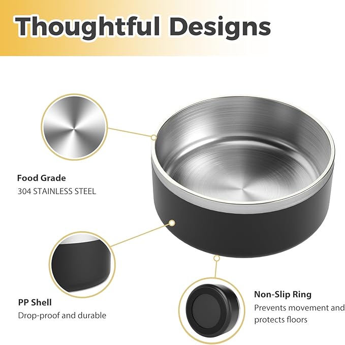 Stainless Steel Dog Bowls - Metal Dog Dish for Large Dogs, Insulated, Non Slip, Easy to Clean, 40oz, Black