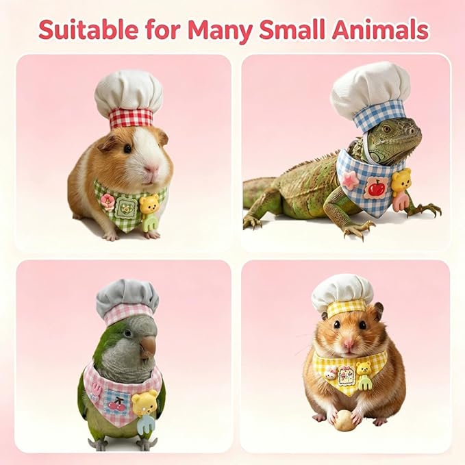 Small Pet Chef Costume Set, Hat & Bandana for Hamster Guinea Pig (Green) | Cute Plaid Outfit Includes Chef Hat & Decorative Bandana, Soft Cotton‑Resin Material, Great for Photo Prop & Party Dress‑Up