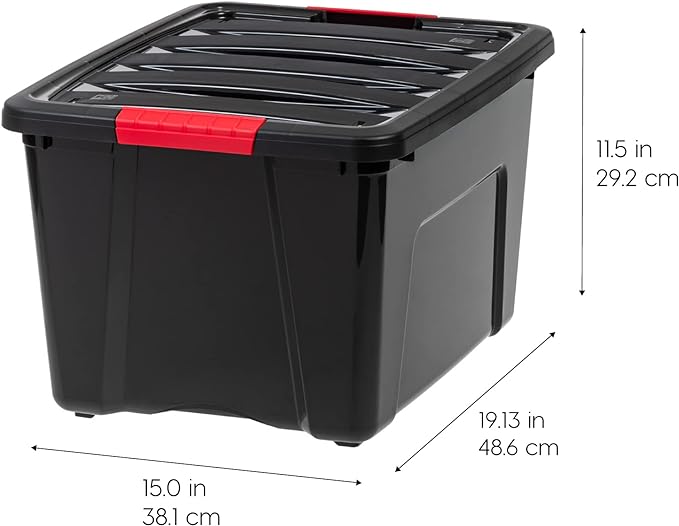 IRIS USA 6-Pack 40 Quart Storage Bins with Lids, Black | Black finish conceals stored items. Perfect for moving, blankets, clothing, and garage storage. Nestable design saves space