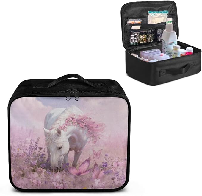 Rnyleeg Pink First Aid Kit Empty Butterfly Horse Print First Aid Bag for Home Travel Outdoor Emergency Medical Kit with Mesh Pockets Easy to Carry
