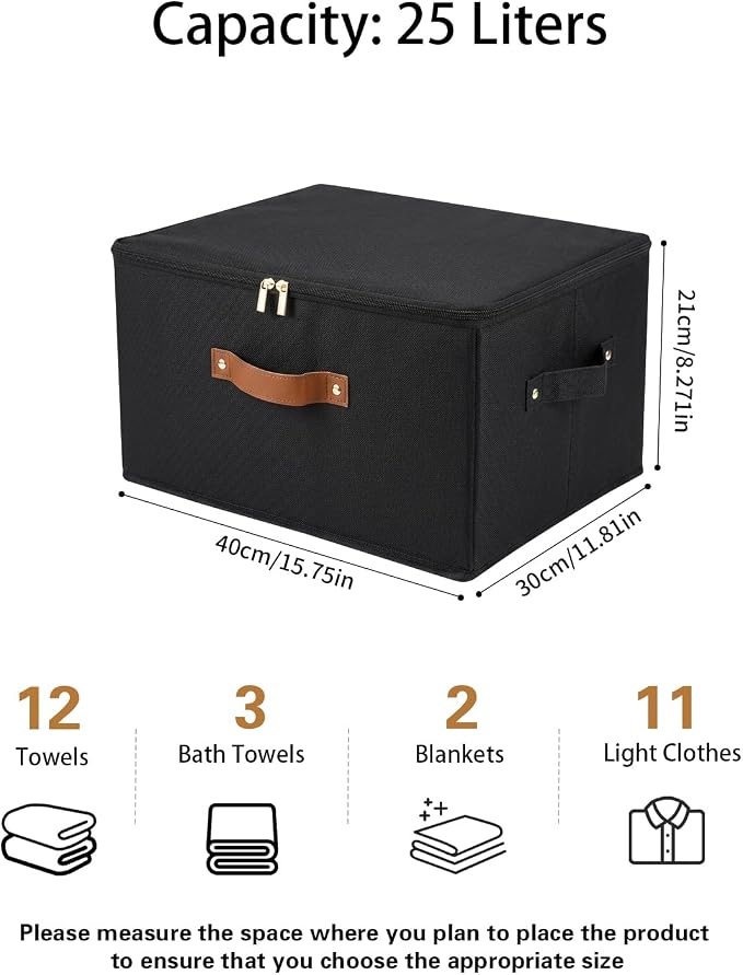 Tuza 3 Pack Foldable Storage Bin with Lid, Heavy-Duty Fabric Storage Box with Reinforced Handles, Collapsible Closet Organizer for Clothes, Bedding, Wardrobe & Bedroom Organization(Black, 25L)
