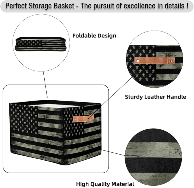 Pardick Flag Basket Storage Bins Rectangle Canvas Basket Cube Storage Box | Nursery Foldable Basket with Handle for Kids Girls Boys Toys Living Room Closet Organizer Shelf Gifts Camo Amry