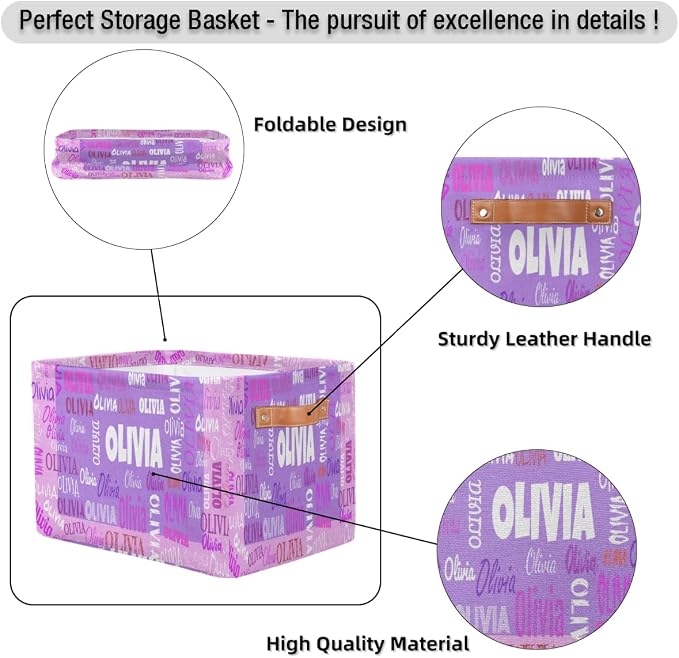 Custom Name Foldable Storage Basket, Laundry Hamper Purple and Pink | Organizing Boys Girls Pets Toys Closet Shelf Clothes Books