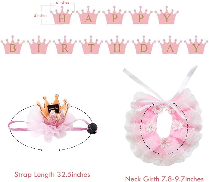 Cat Princess Costumes Cat Crown Hat & Lace Bandana Scarf Set, Puppy Party Hat for Small Dogs & Cats, Lace Outfit for Cats and Small Dogs Birthday Party (Pink(Crown Hat&Scraf&Banner))