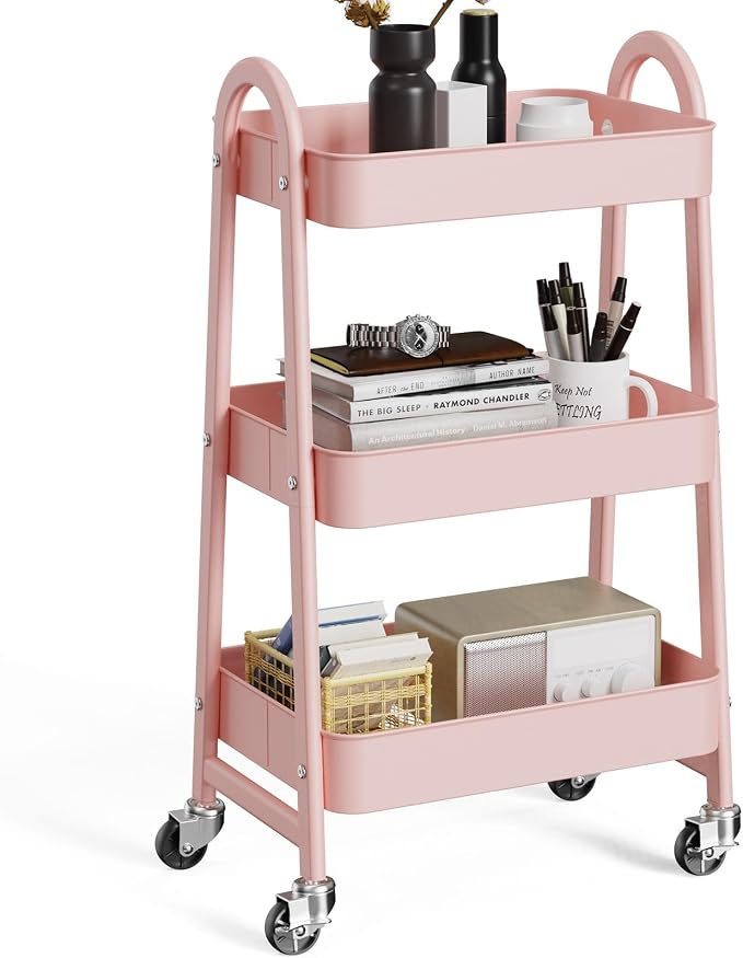 OLIXIS Metal Rolling Storage Utility Cart with Lockable Wheels 3 Tiers | Mobile Organizer Shelf, Space-Saving, Freestanding, Bathroom, Living Room, Slim, Narrow Corner Spaces, Pink
