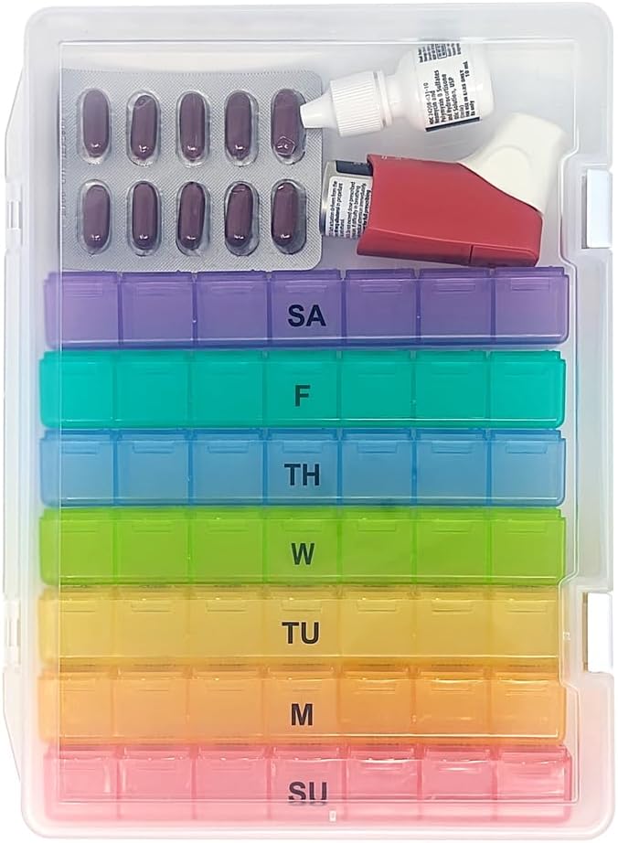 6 Times a Day Weekly Pill Box Organizer Case, Secure 7X Pillbox with Medication Schedule (6 Time-a-Day)
