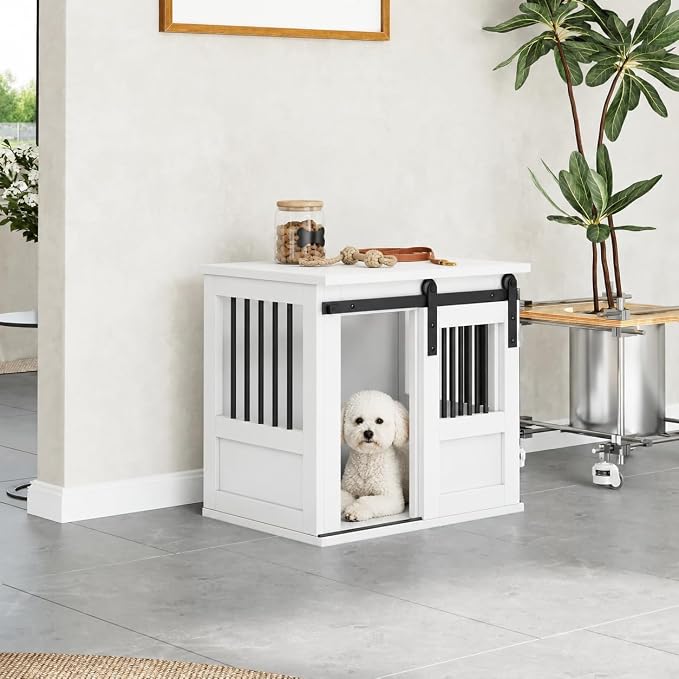 23" Wooden Dog Crate Furniture,Small Kennel Pet Cage End Table for Indoor | for Extra Small Dogs, White, Fits Living Room Bedroom, Heavy Duty Steel Frame,Sliding Barn Door,15 lbs Cap, 100 lbs Top.