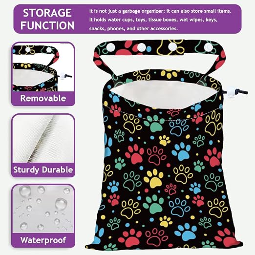 Cat Paw Strap Drawstring Car Trash Bag Hanging Garbage Bag with Snap Buttons Car Back Seat Trash Storage Portable Dustbin Vehicle Trash Can Bag for Vehicle Accessories Travel Camping