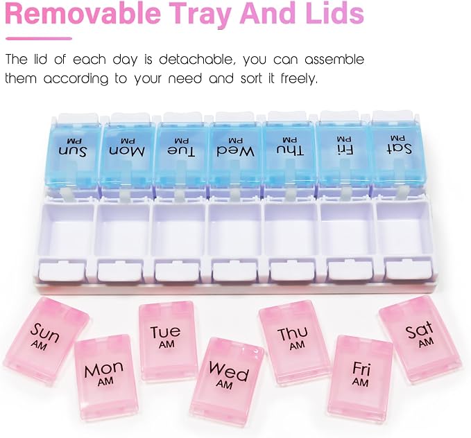 MOLN HYMY Weekly Pill Boxes and Organizer 2 Times a Day, 7 Day AM PM Pill Case Two Week, 14 Large Compartments Pill Dispenser to Hold Medication, Vitamins (Pink+Blue)