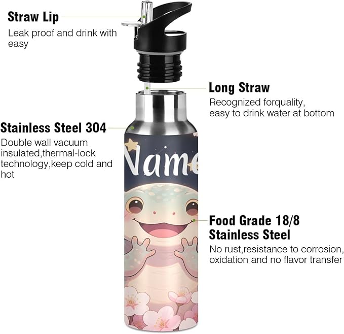 Custom Name Axolotl Cherry Blossom Water Bottle with Straw Lid Kids Insulated Stainless Steel Water Flask Sports, 20 Oz Hot Cold