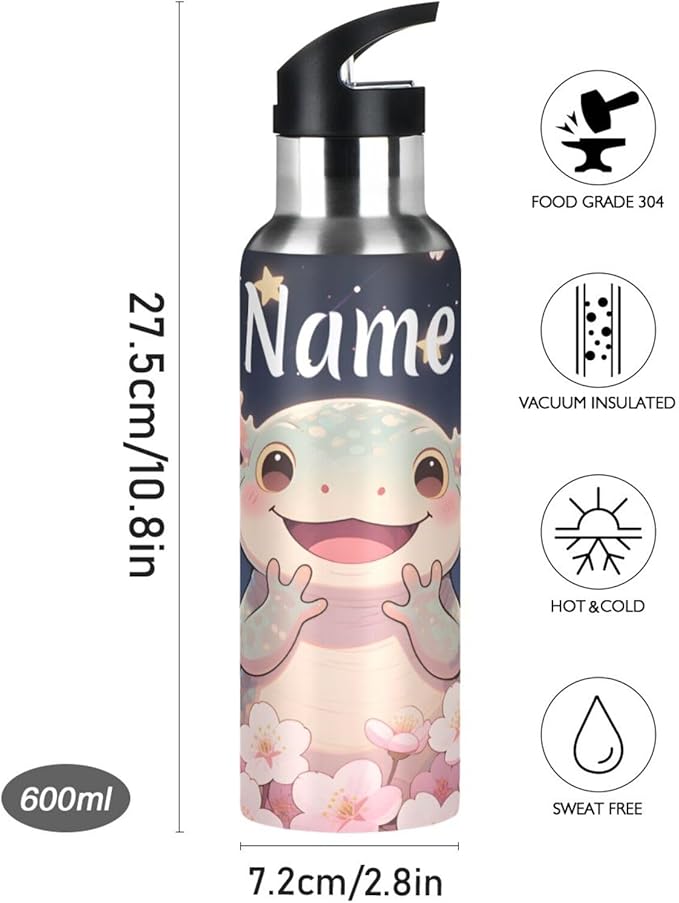 Custom Name Axolotl Cherry Blossom Water Bottle with Straw Lid Kids Insulated Stainless Steel Water Flask Sports, 20 Oz Hot Cold