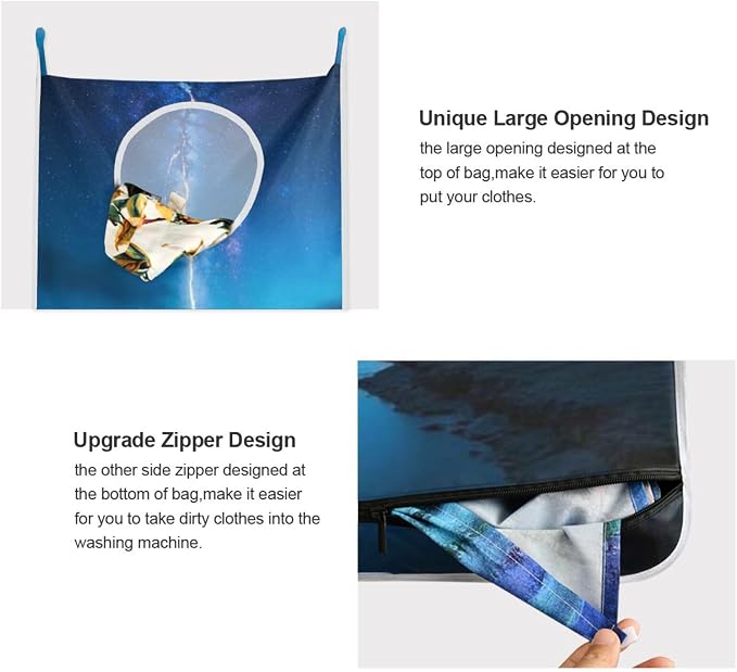 1PC Hanging Laundry Hamper Bag Over the Door Laundry Hamper Wall Hamper Large Dirty Clothes Hamper with Stainless Steel Hooks 29.5x20Inch Lightning Starry Sky River Deep Blue