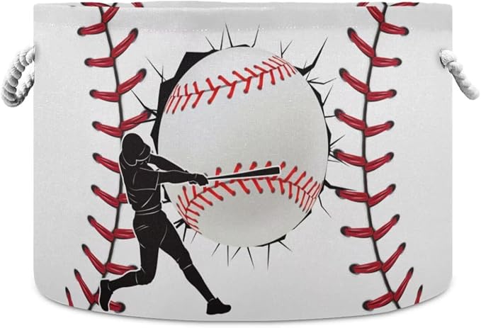 Baseball Pattern Collapsible Round Storage Basket with Handles | Sport Ball Large Laundry Baskets Hamper, Organizer Bin for Nursery Bedroom Living Room Decor, 20x 20x 14 Inches